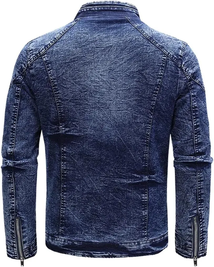 Men Spring Motorcycle Denim Jacket Retro Zippers Stand Collar Denim Coats Slim Fit Denim Trucker Coat