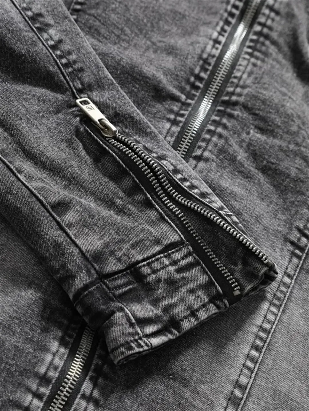 Men Spring Motorcycle Denim Jacket Retro Zippers Stand Collar Denim Coats Slim Fit Denim Trucker Coat