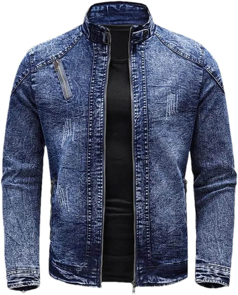 Men Spring Motorcycle Denim Jacket Retro Zippers Stand Collar Denim Coats Slim Fit Denim Trucker Coat