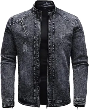 Men Spring Motorcycle Denim Jacket Retro Zippers Stand Collar Denim Coats Slim Fit Denim Trucker Coat