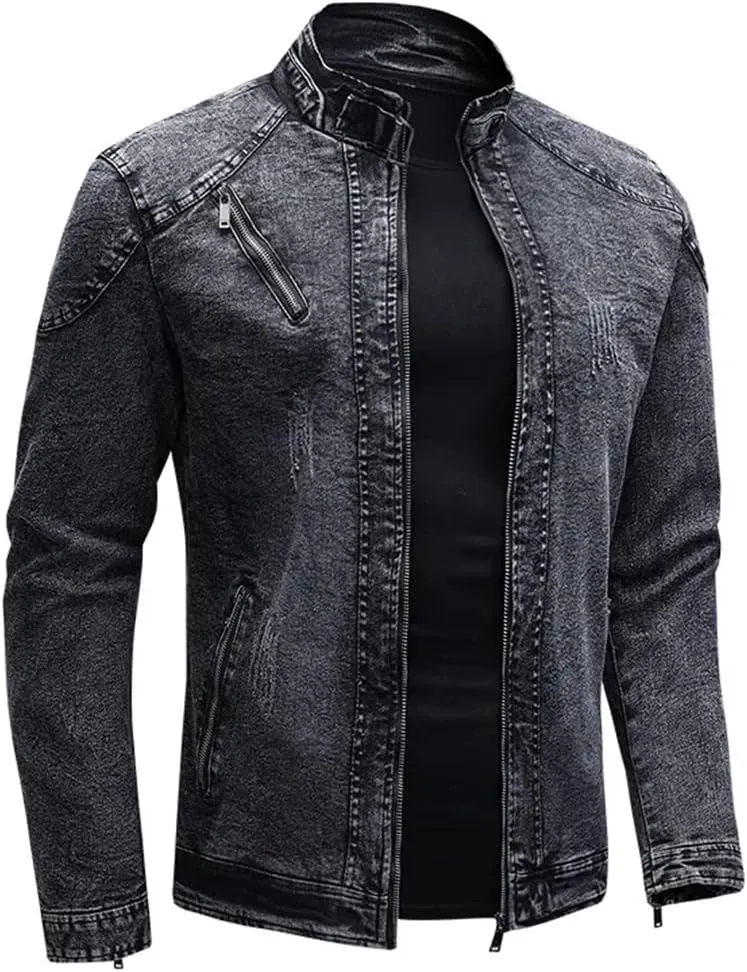 Men Spring Motorcycle Denim Jacket Retro Zippers Stand Collar Denim Coats Slim Fit Denim Trucker Coat