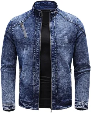 Men Spring Motorcycle Denim Jacket Retro Zippers Stand Collar Denim Coats Slim Fit Denim Trucker Coat