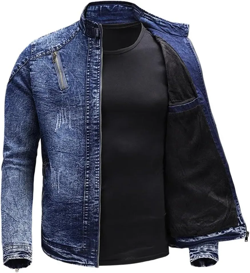 Men Spring Motorcycle Denim Jacket Retro Zippers Stand Collar Denim Coats Slim Fit Denim Trucker Coat