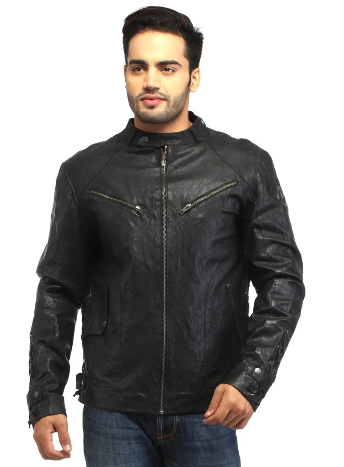 Men Vintage Crinkled Leather Biker Jacket with