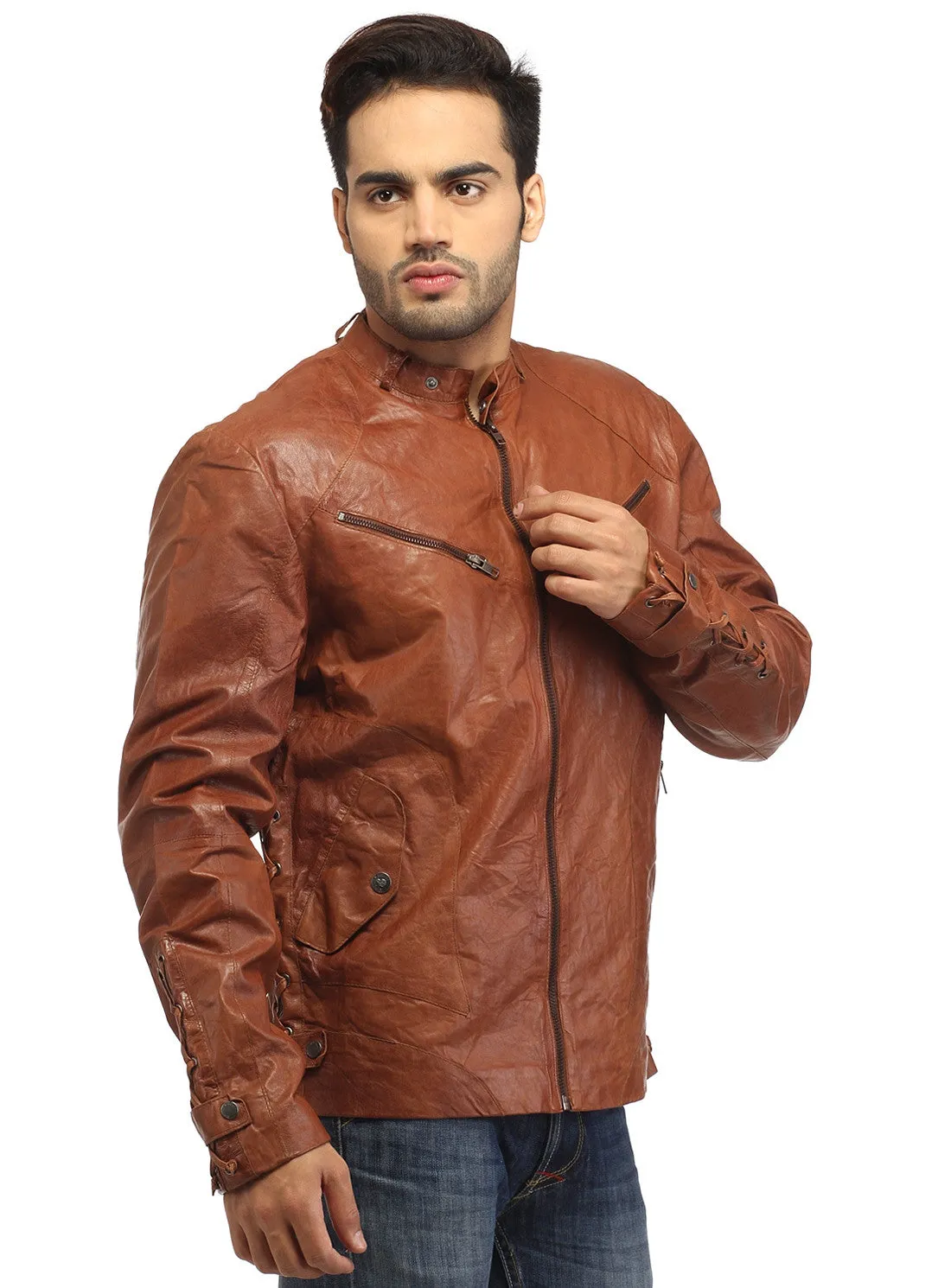 Men Vintage Crinkled Leather Biker Jacket with