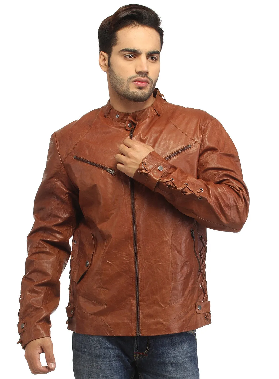 Men Vintage Crinkled Leather Biker Jacket with