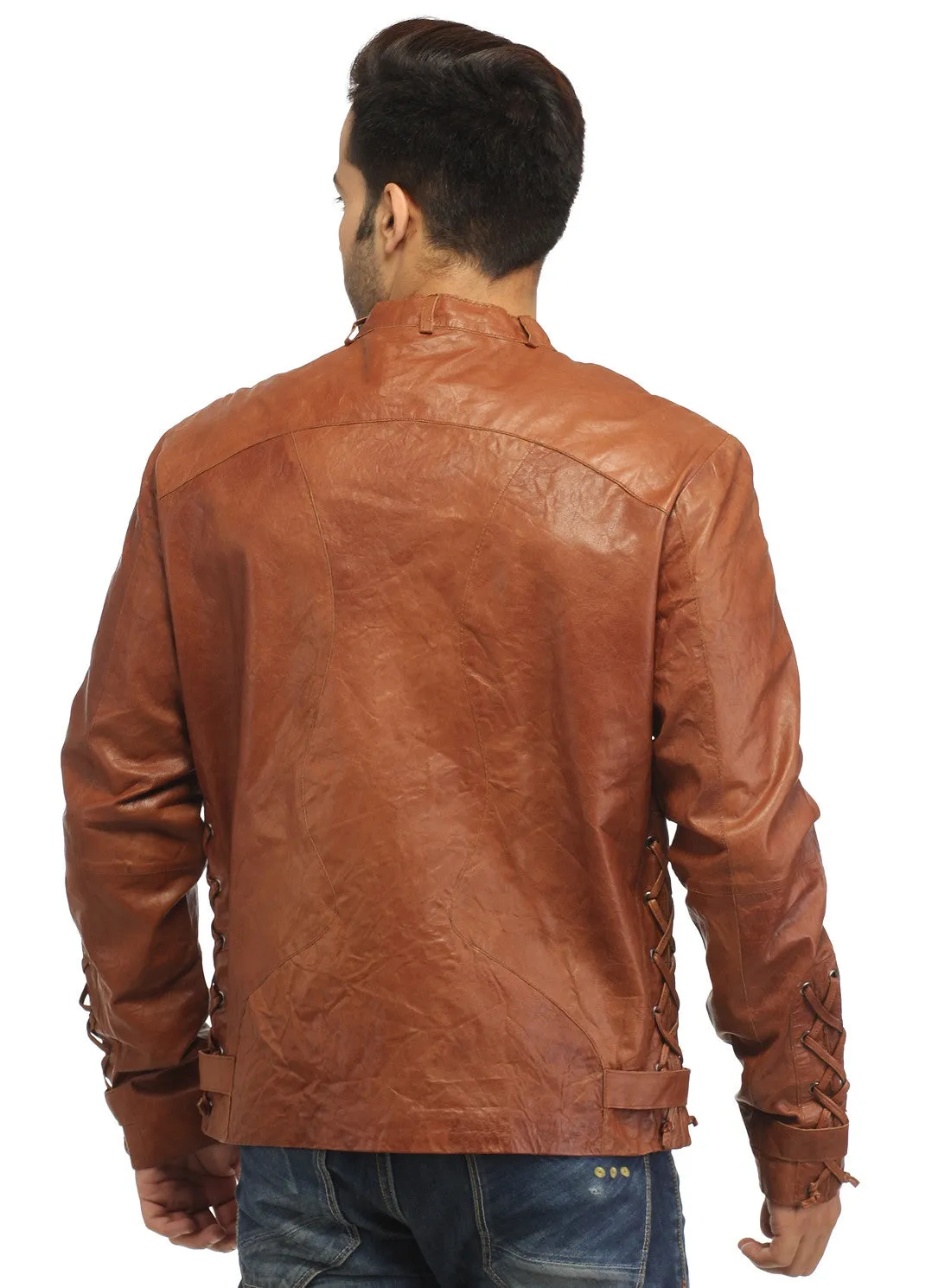 Men Vintage Crinkled Leather Biker Jacket with