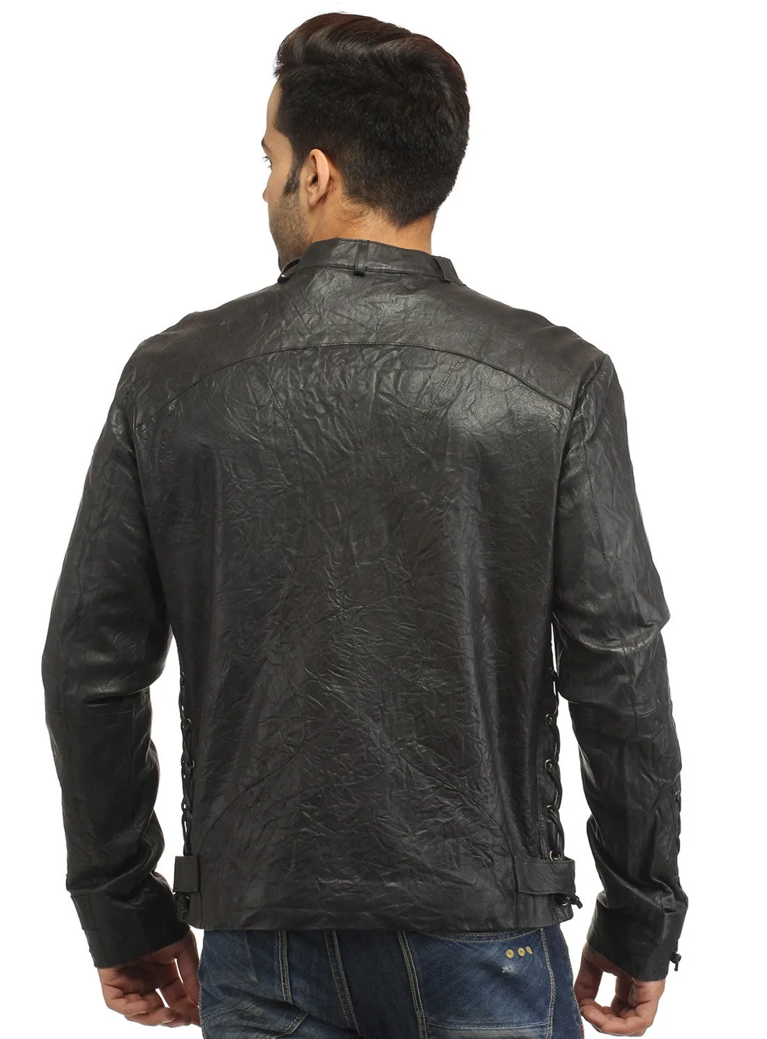 Men Vintage Crinkled Leather Biker Jacket with