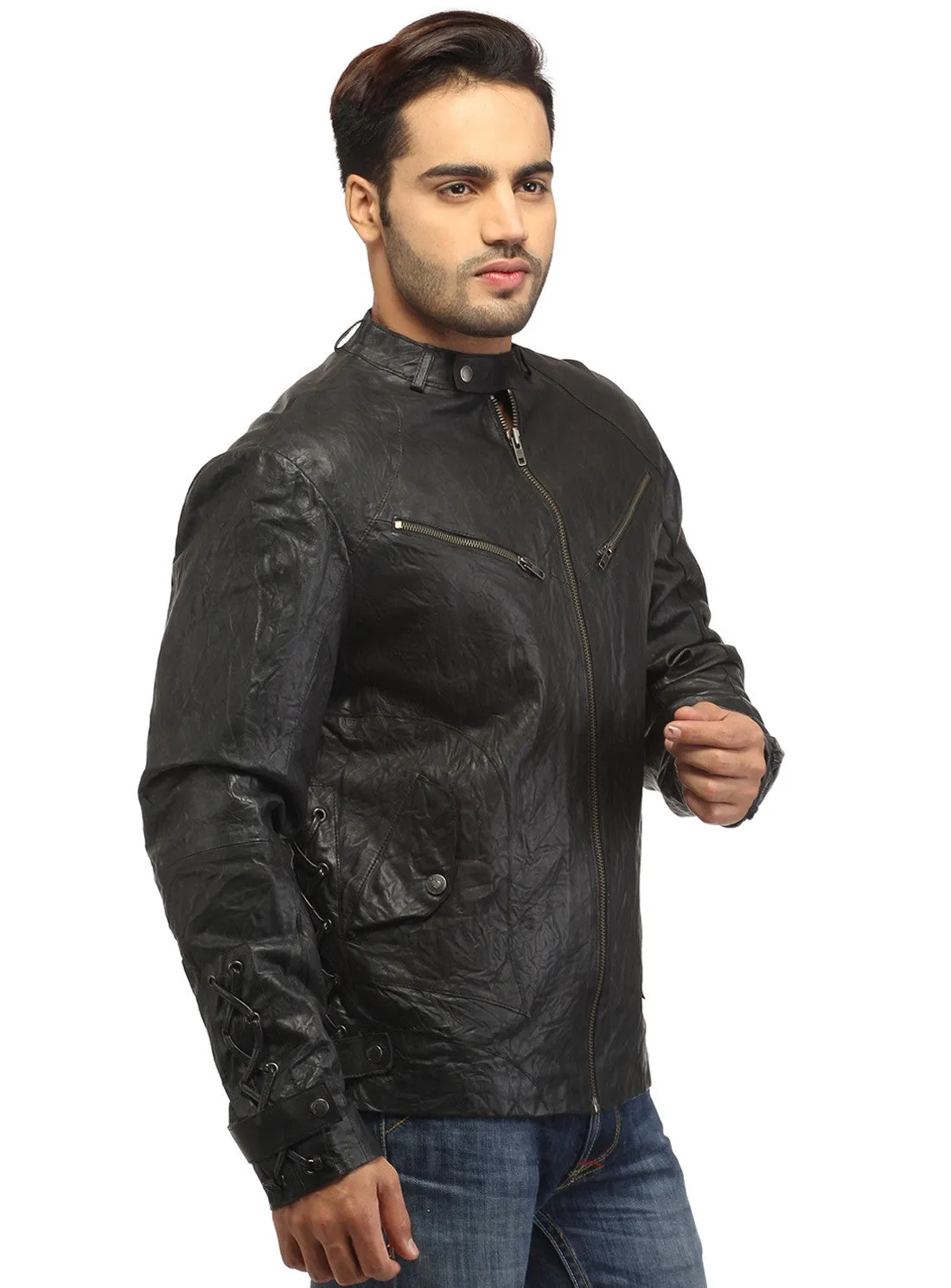 Men Vintage Crinkled Leather Biker Jacket with