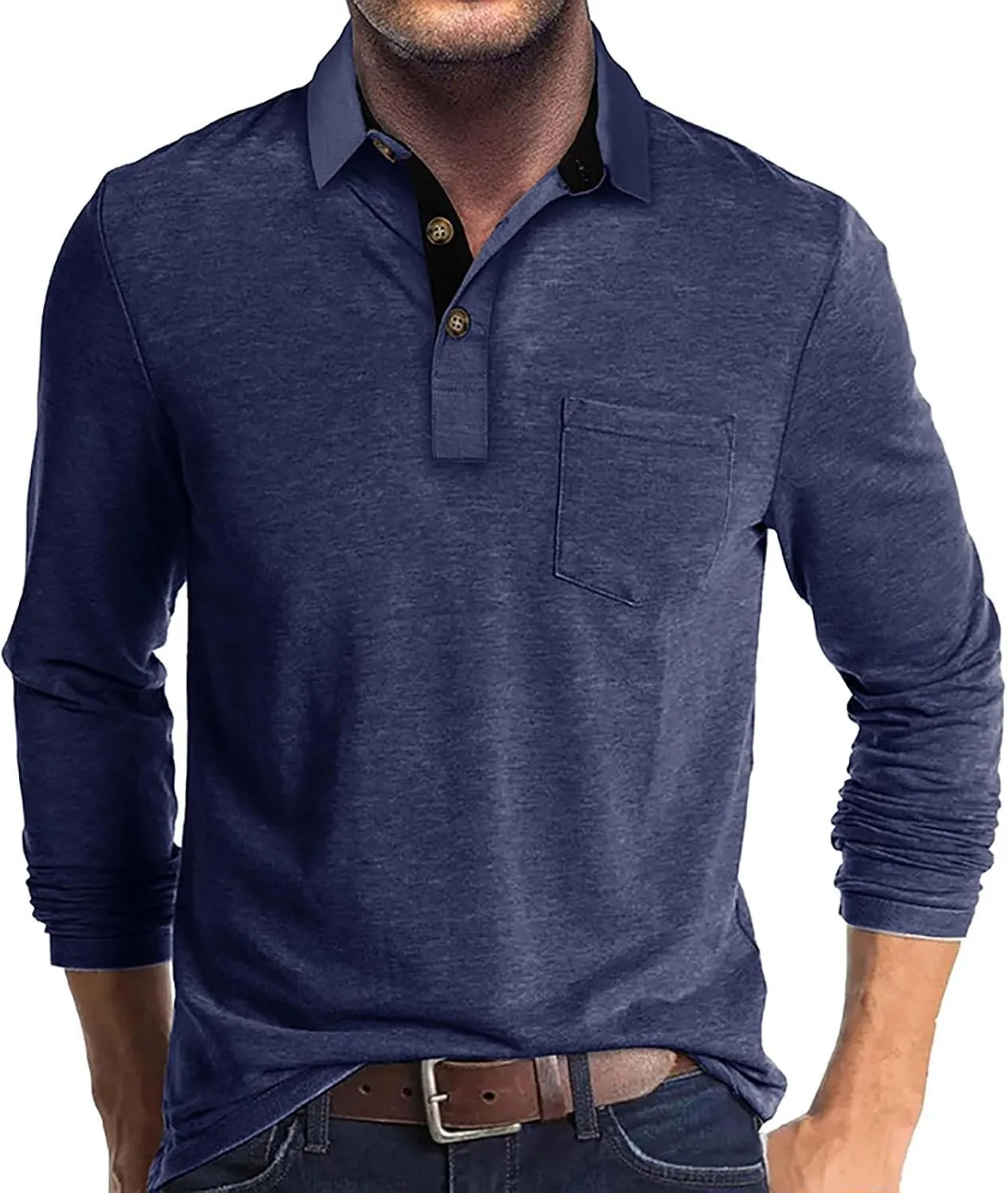 Men's 2025 Classic Fit Casual Short Sleeve Vintage Dual Tipped Collar Button Down Polo Shirt with Pocket