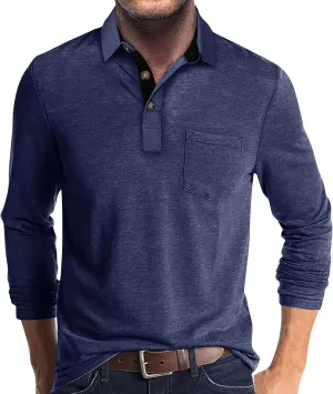 Men's 2025 Classic Fit Casual Short Sleeve Vintage Dual Tipped Collar Button Down Polo Shirt with Pocket