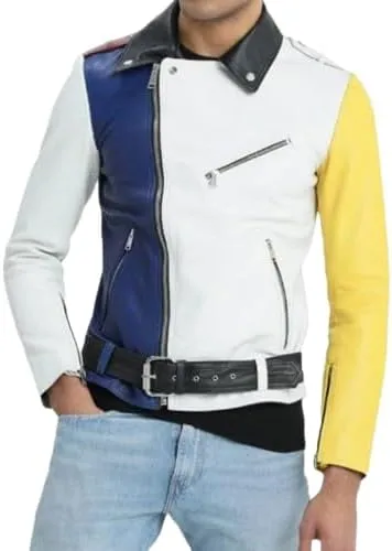Men's Biker Multi Color Leather Jacket, Leather Biker Jacket for Men, Faux Leather Biker Bomber Jacket