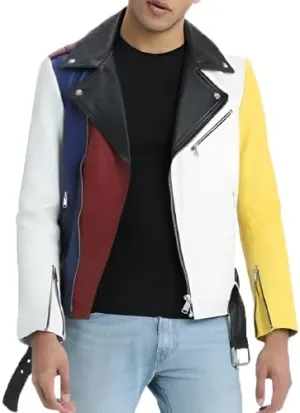 Men's Biker Multi Color Leather Jacket, Leather Biker Jacket for Men, Faux Leather Biker Bomber Jacket