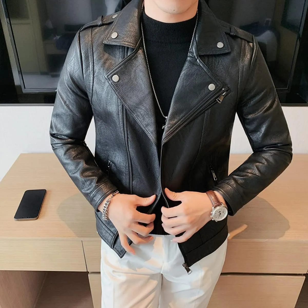 Mens Black Biker Genuine Sheepskin leather jacket Negan Brando Style Lapel Collar Moto Rider Casual Classic Leather Jacket