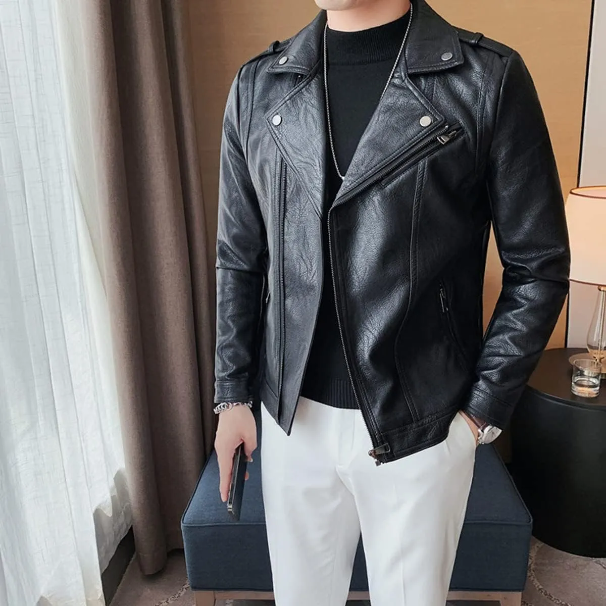 Mens Black Biker Genuine Sheepskin leather jacket Negan Brando Style Lapel Collar Moto Rider Casual Classic Leather Jacket