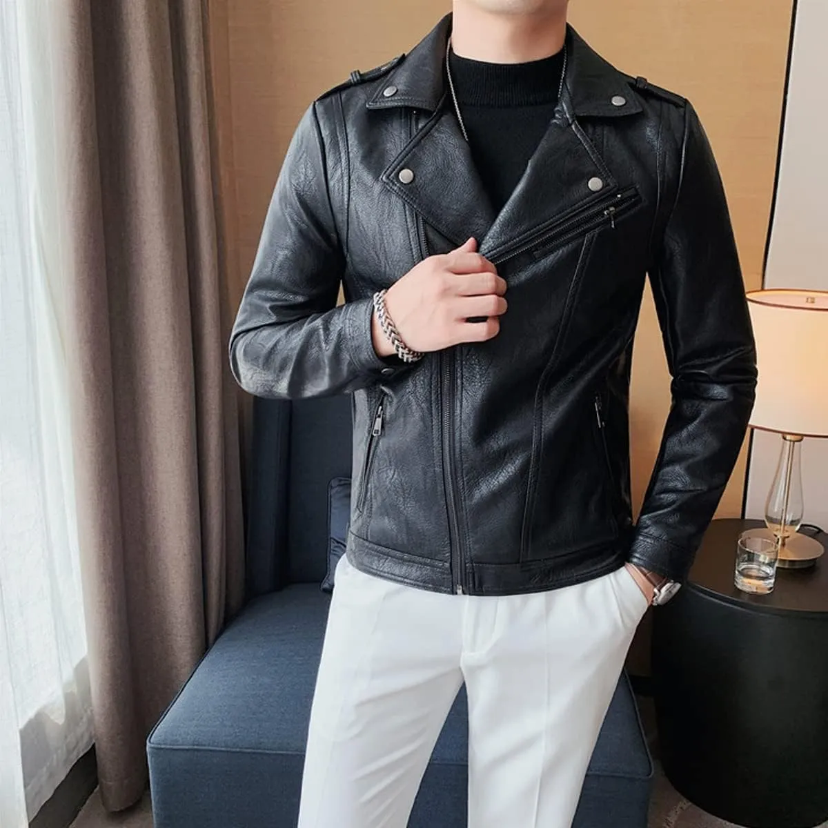 Mens Black Biker Genuine Sheepskin leather jacket Negan Brando Style Lapel Collar Moto Rider Casual Classic Leather Jacket