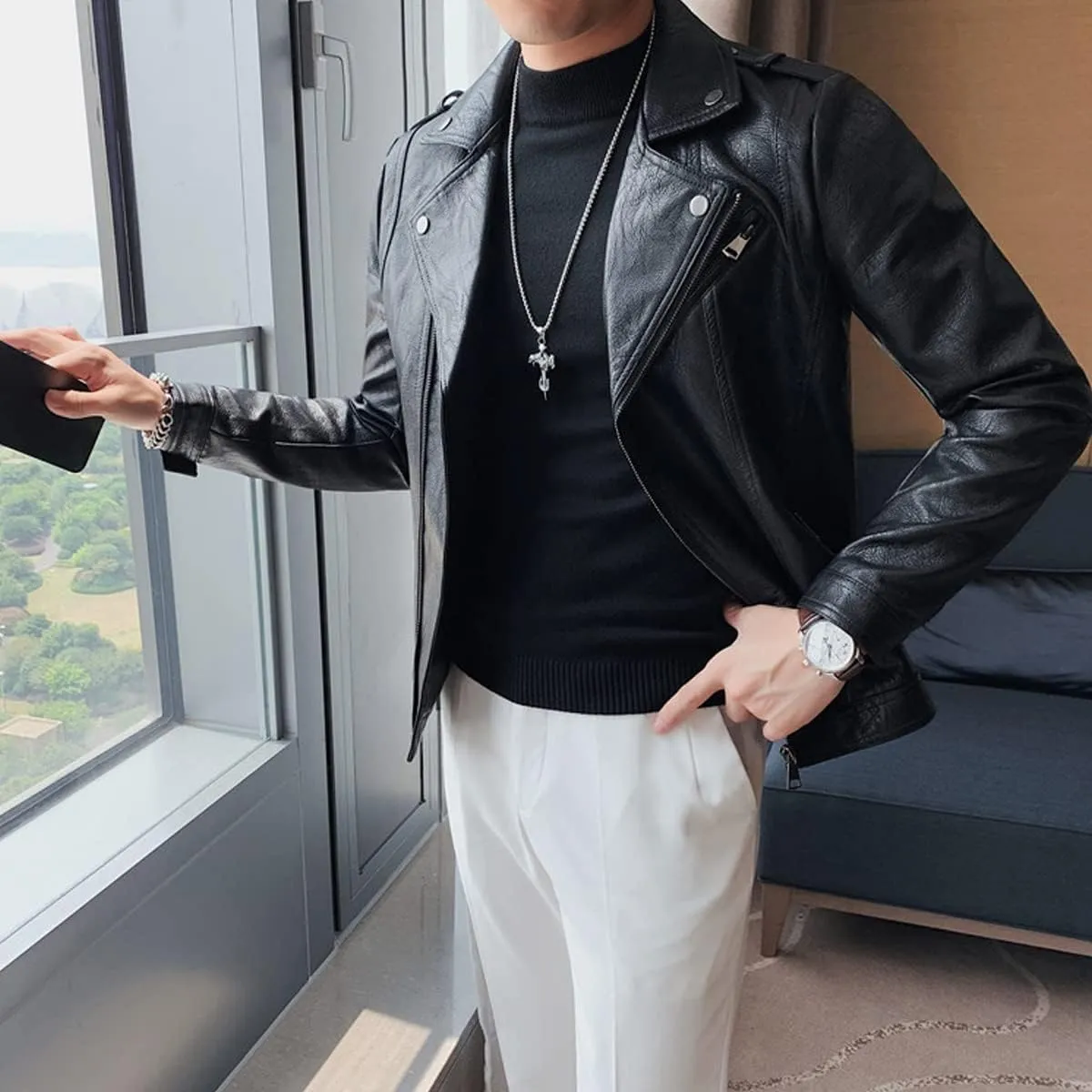 Mens Black Biker Genuine Sheepskin leather jacket Negan Brando Style Lapel Collar Moto Rider Casual Classic Leather Jacket