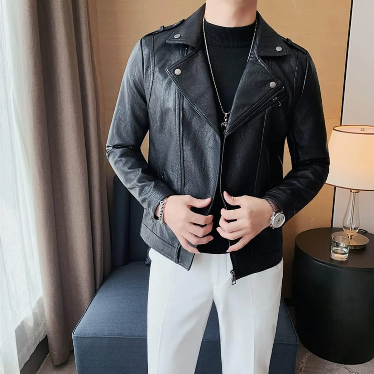 Mens Black Biker Genuine Sheepskin Negan Brando Style Lapel Collar Moto Rider Casual Classic Leather Jacket