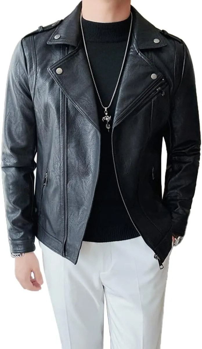 Mens Black Biker Genuine Sheepskin Negan Brando Style Lapel Collar Moto Rider Casual Classic Leather Jacket