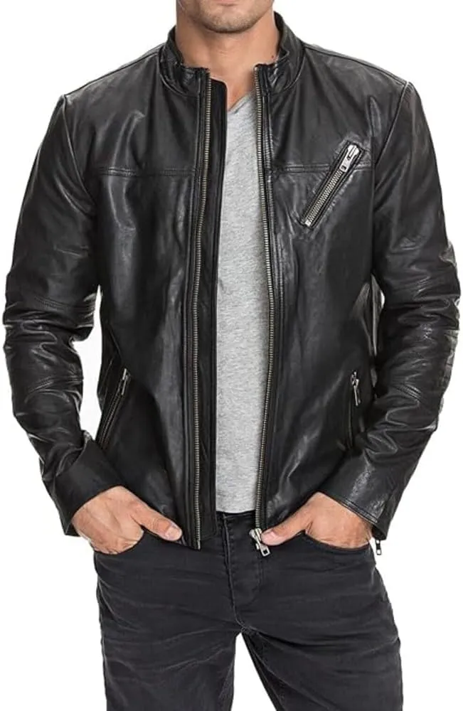 Men's Black Genuine Lambskin Moto Racing Leather Jacket Vintage Zipper Pockets Stylish Biker Coat Retro Rider Jacket