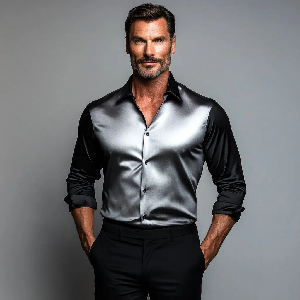 Men's Business Satin Turndown Collar Button Long Sleeve Shirt