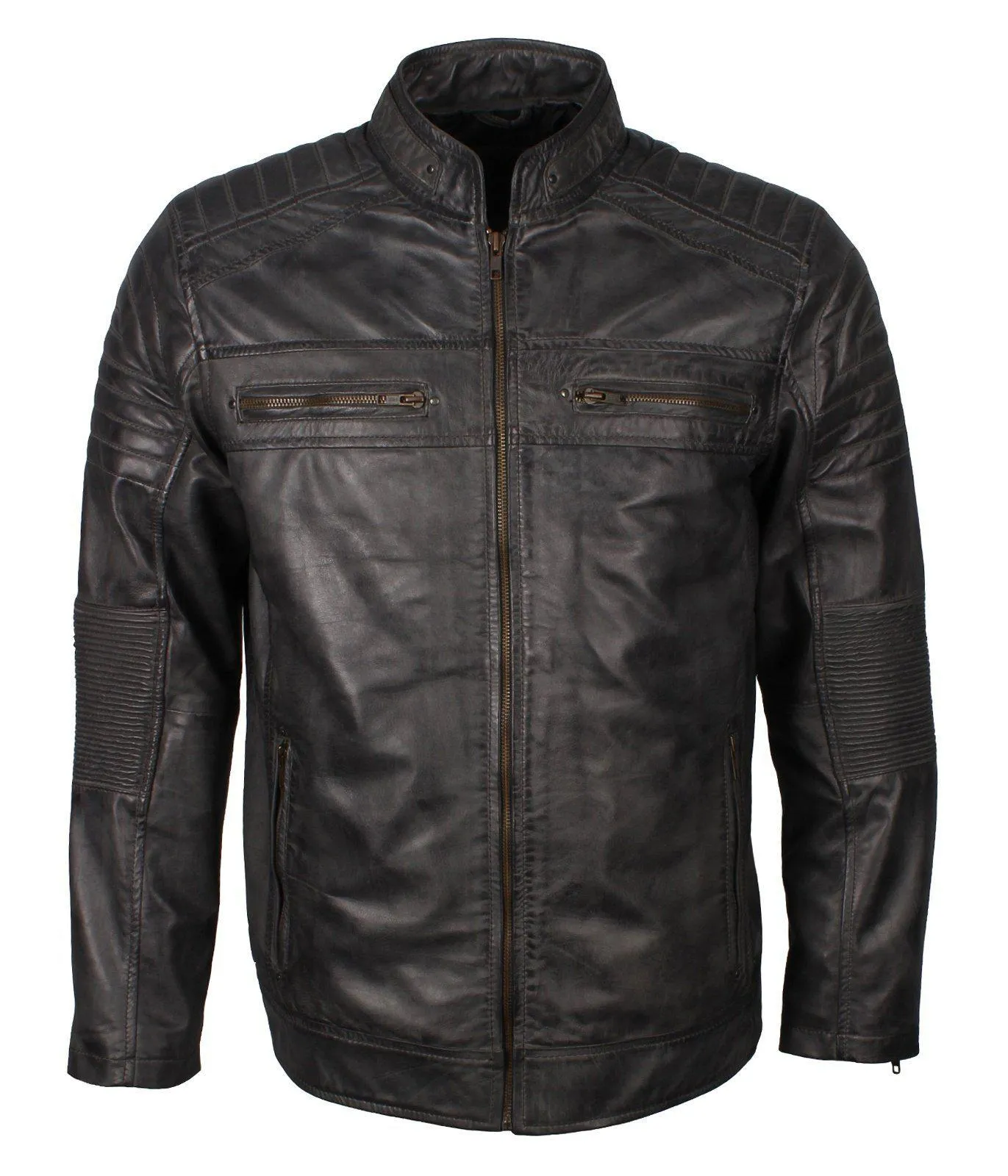 Men's Cafe Racer Grey Brown Maroon Blue Tan Biker Genuine Leather Motorcycle Jacket
