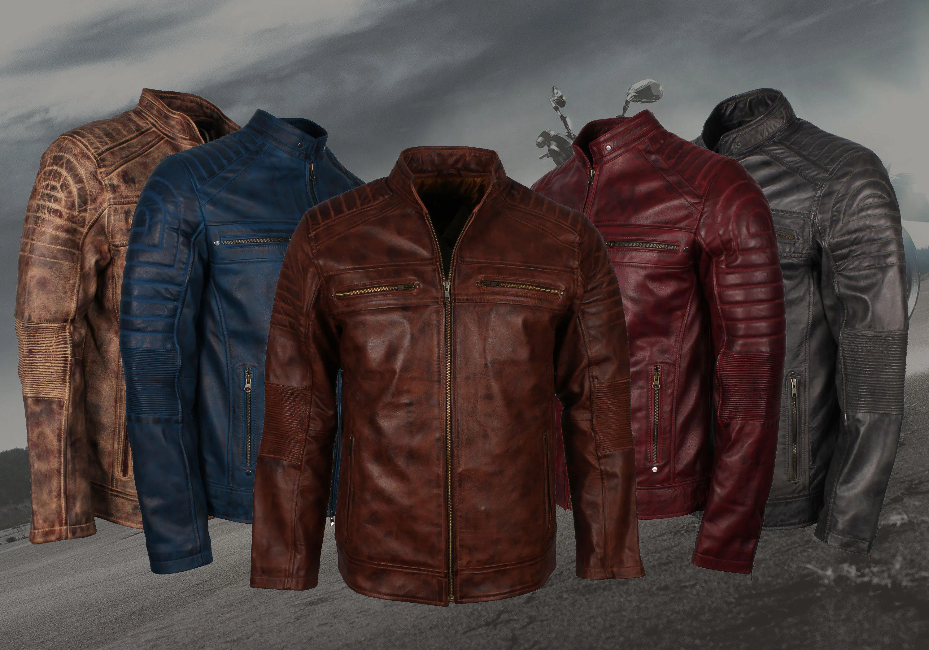 Men's Cafe Racer Grey Brown Maroon Blue Tan Biker Genuine Leather Motorcycle Jacket