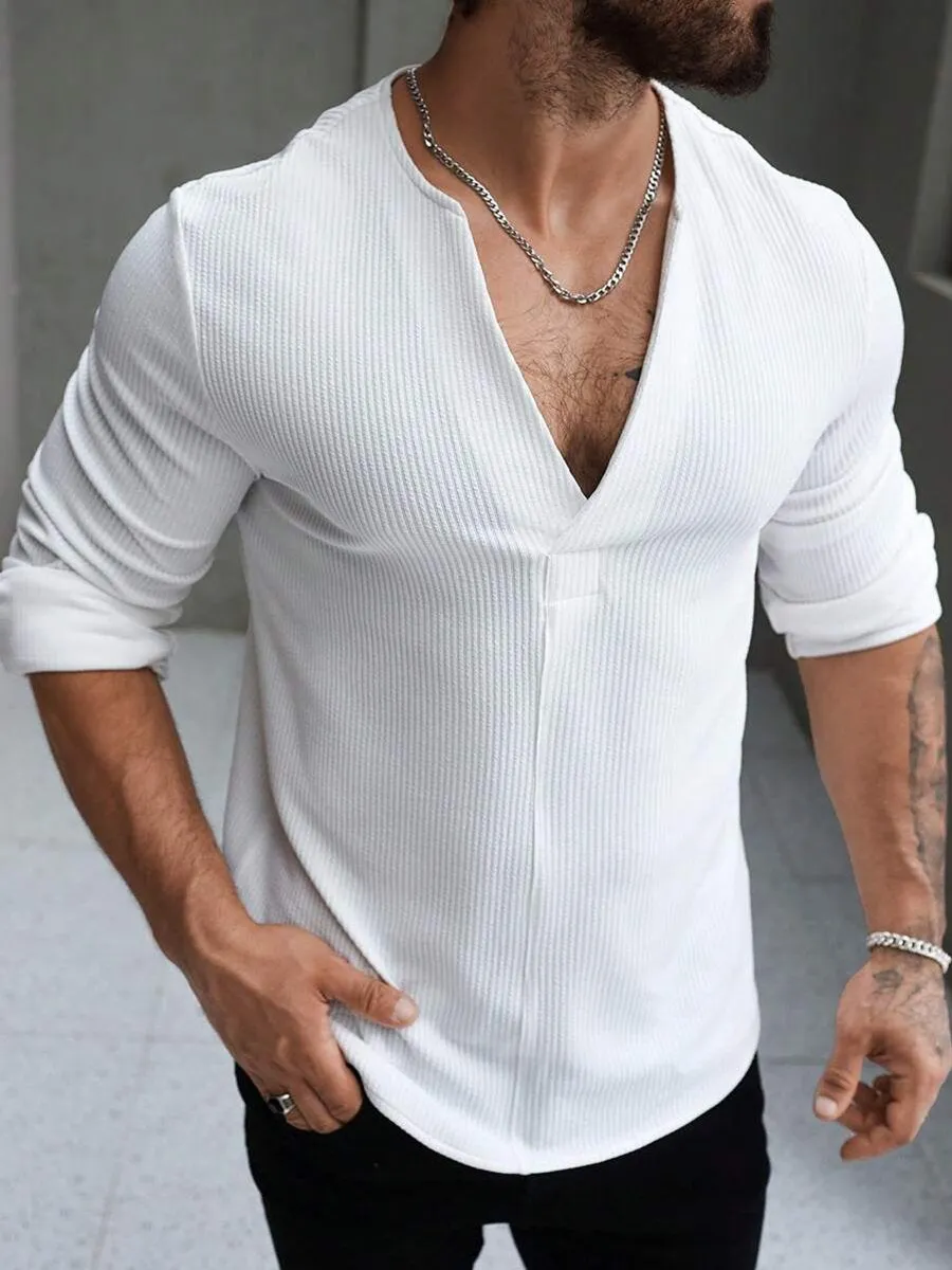 Men's Casual Solid Color Deep V Neck Long Sleeve T-Shirt