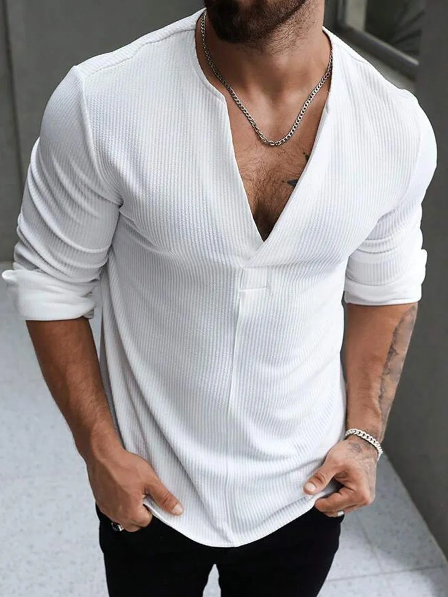Men's Casual Solid Color Deep V Neck Long Sleeve T-Shirt