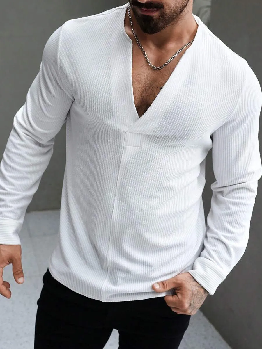 Men's Casual Solid Color Deep V Neck Long Sleeve T-Shirt