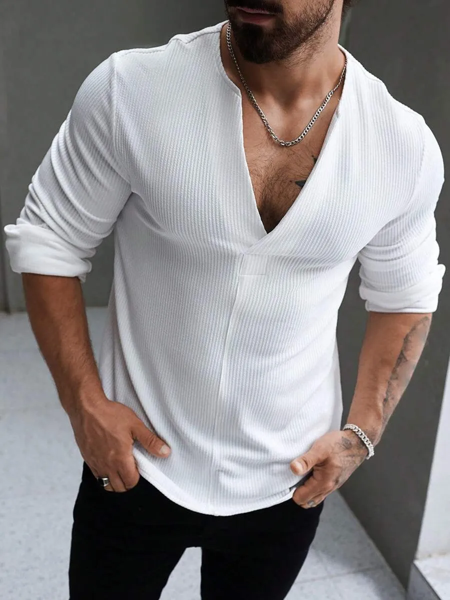 Men's Casual Solid Color Deep V Neck Long Sleeve T-Shirt