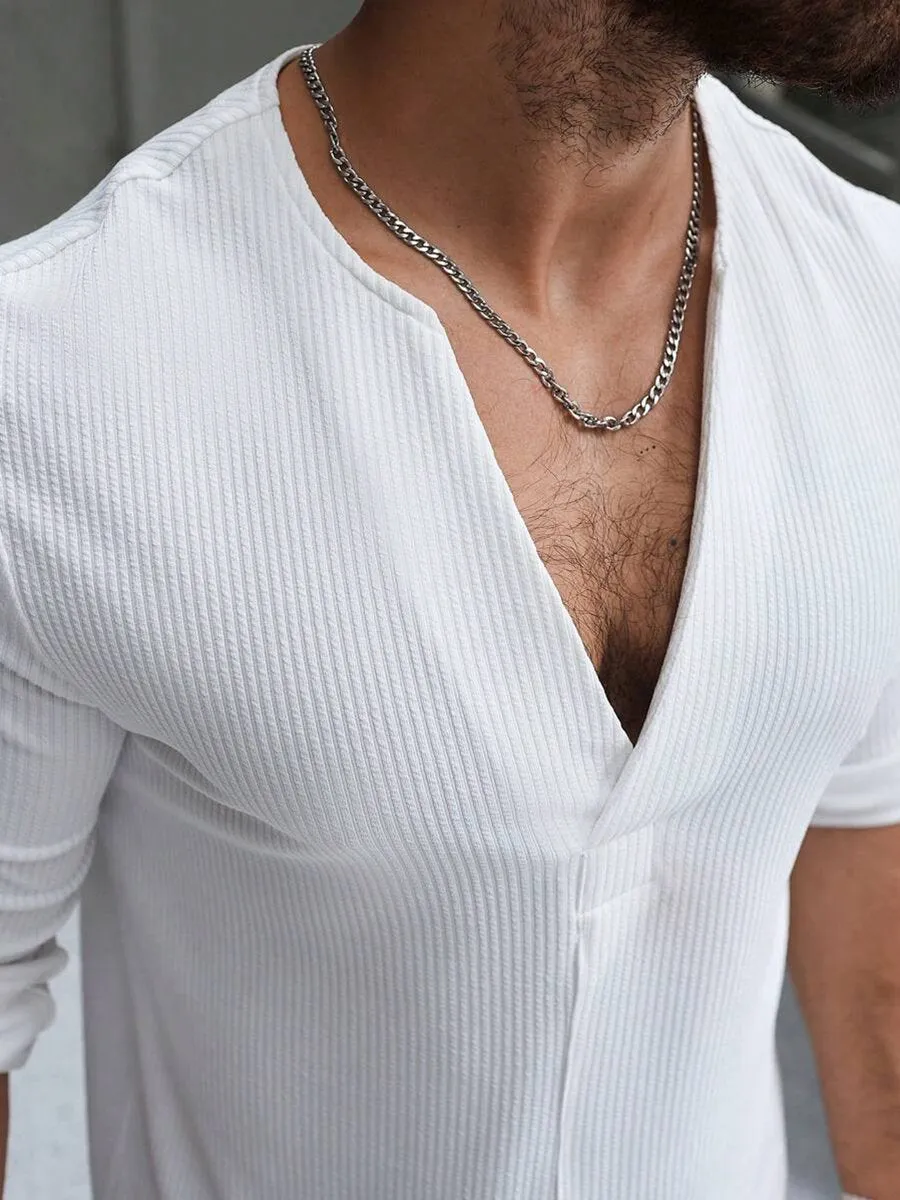 Men's Casual Solid Color Deep V Neck Long Sleeve T-Shirt