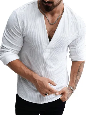 Men's Casual Solid Color Deep V Neck Long Sleeve T-Shirt