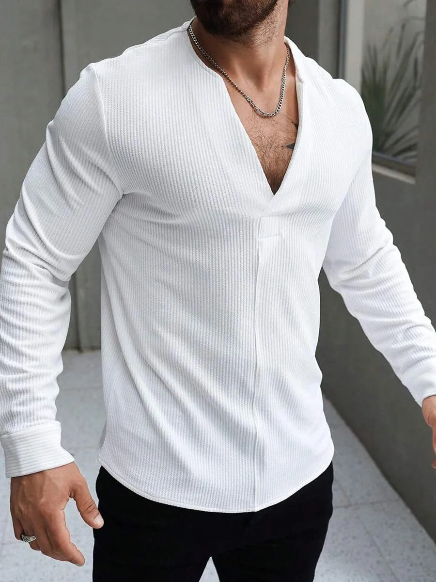 Men's Casual Solid Color Deep V Neck Long Sleeve T-Shirt