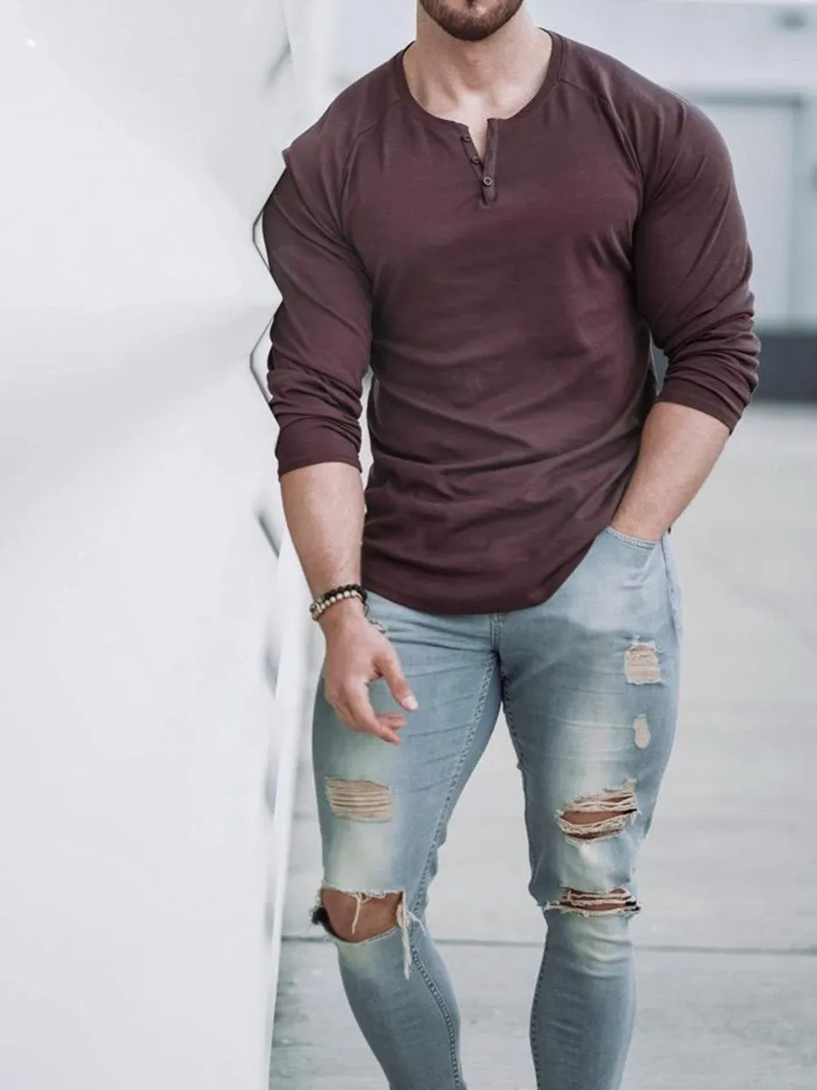 Men's Casual Solid Color Long Sleeve Button Round Neck T-Shirt