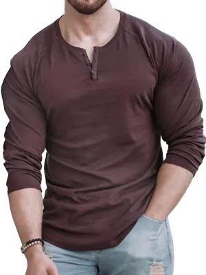 Men's Casual Solid Color Long Sleeve Button Round Neck T-Shirt