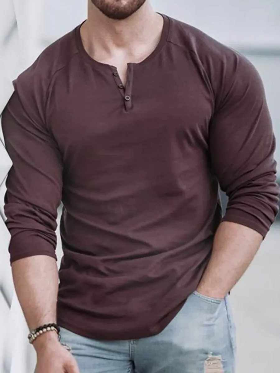 Men's Casual Solid Color Long Sleeve Button Round Neck T-Shirt