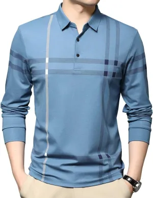 Mens Casual Striped Long Sleeve Collared T Shirt Polo Shirts