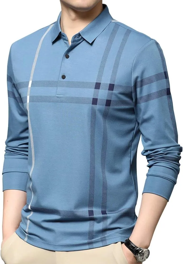Mens Casual Striped Long Sleeve Collared T Shirt Polo Shirts