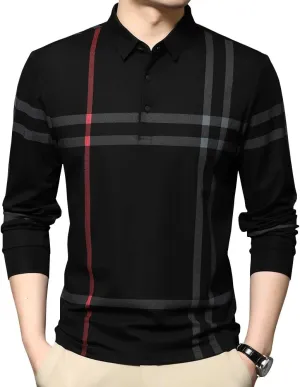 Mens Casual Striped Long Sleeve Collared T Shirt Polo Shirts