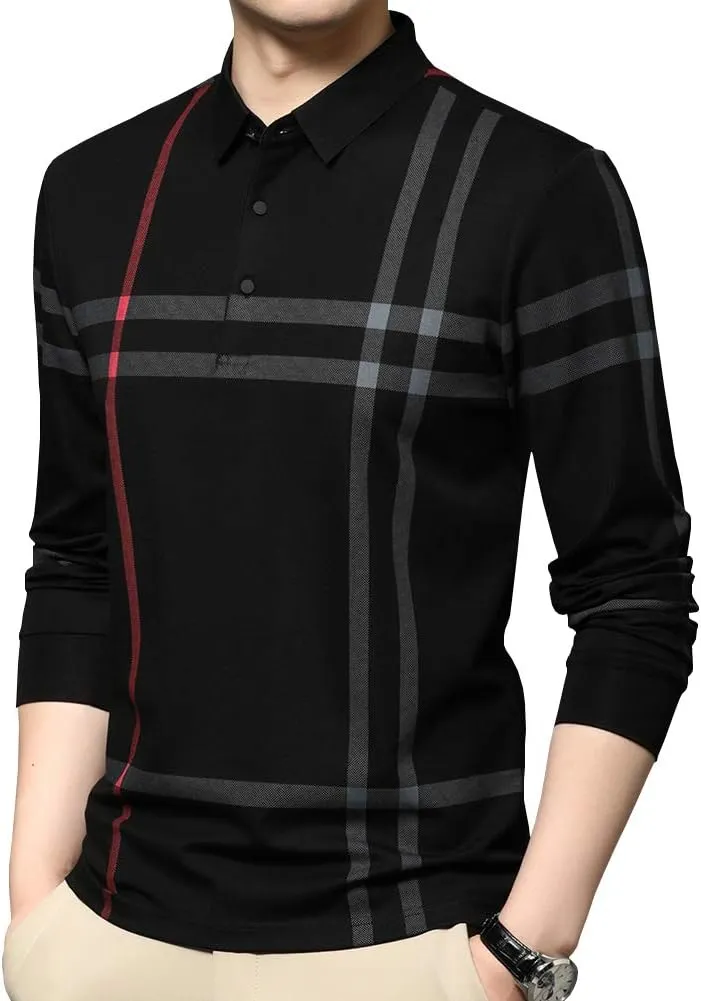 Mens Casual Striped Long Sleeve Collared T Shirt Polo Shirts