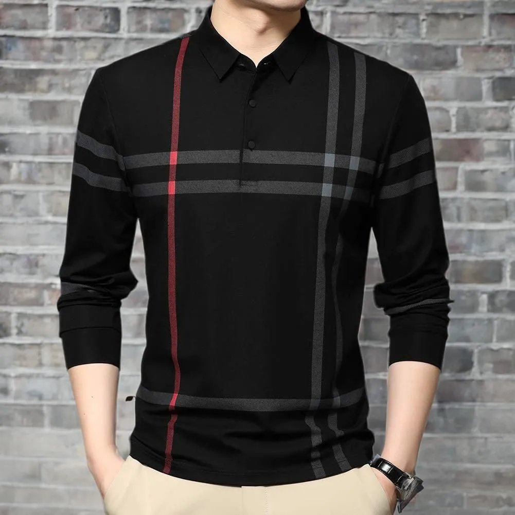 Mens Casual Striped Long Sleeve Collared T Shirt Polo Shirts