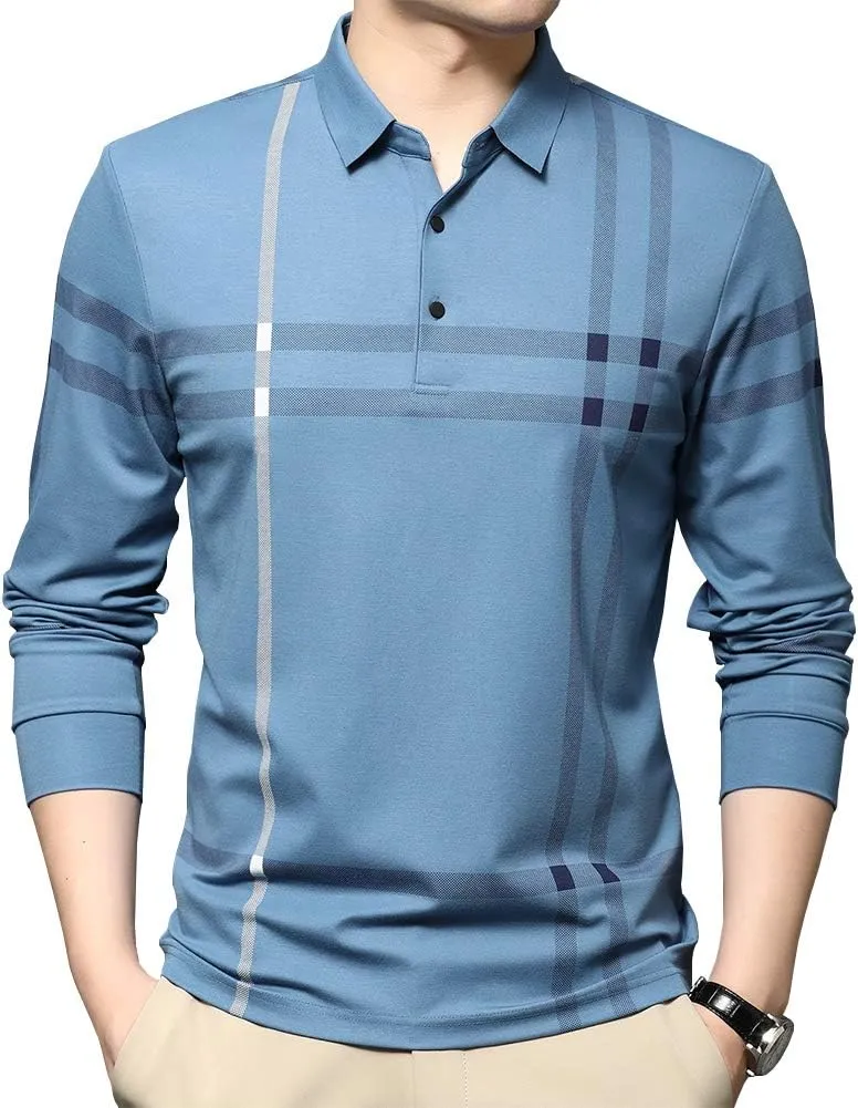 Mens Casual Striped Long Sleeve Collared T Shirt Polo Shirts
