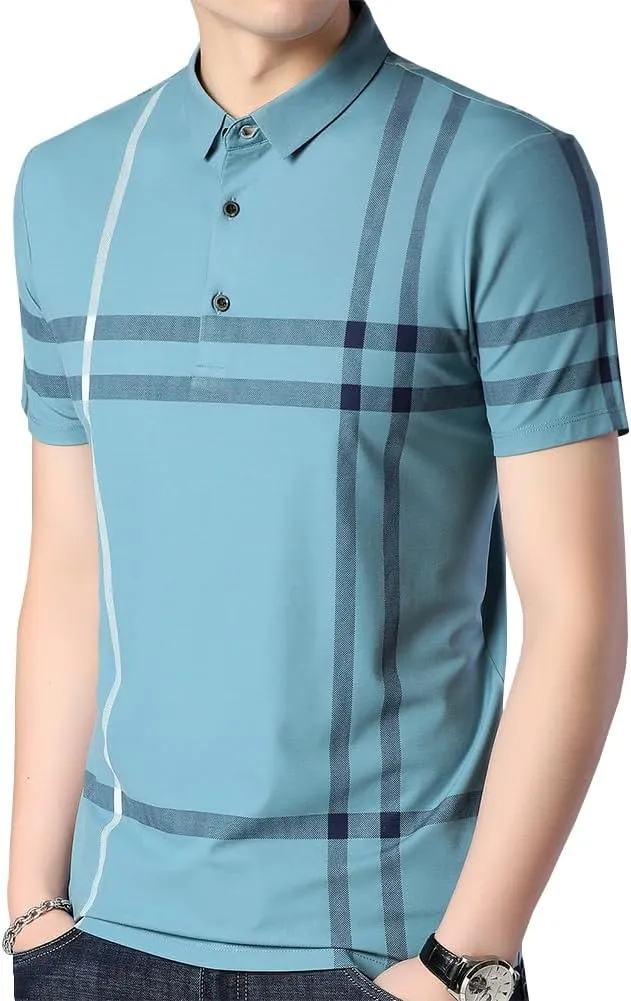 Mens Casual Striped Short Sleeve Collared T Shirt Polo Shirts
