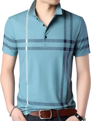 Mens Casual Striped Short Sleeve Collared T Shirt Polo Shirts