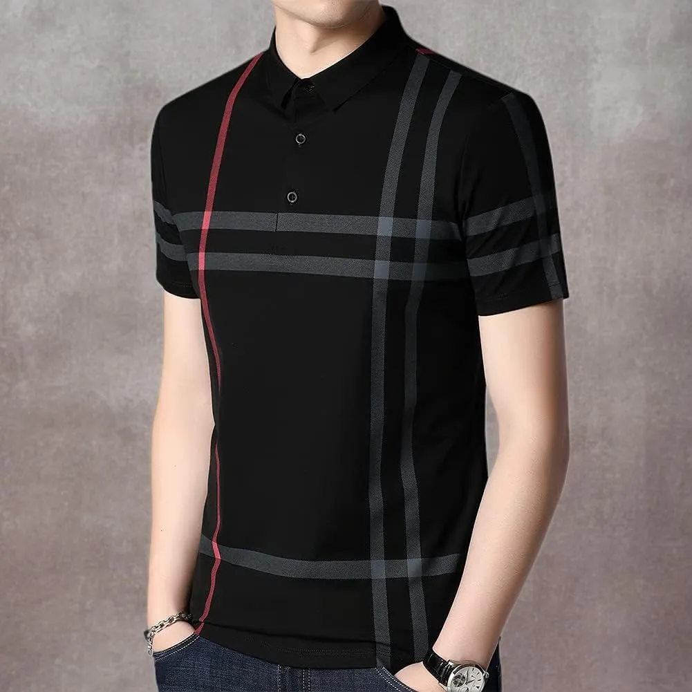 Mens Casual Striped Short Sleeve Collared T Shirt Polo Shirts