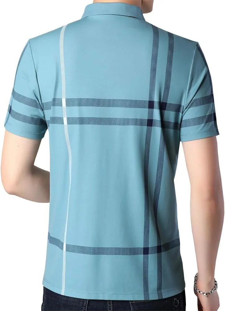 Mens Casual Striped Short Sleeve Collared T Shirt Polo Shirts