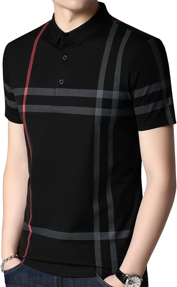 Mens Casual Striped Short Sleeve Collared T Shirt Polo Shirts
