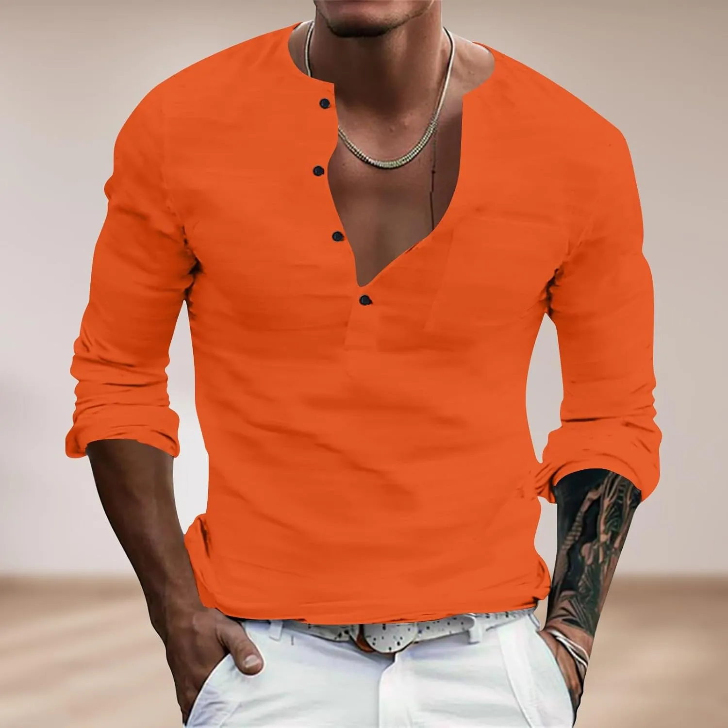 Mens Causal Henley T Shirt Long Sleeve Striped Print Deep V Neck Crewneck Slim Fit Trendy Workout Tees Pullover Tops