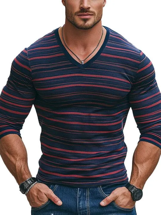 Men's Contrast Striped All-Match Casual V-Neck Long-Sleeved T-Shirt